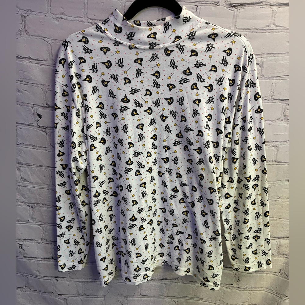Vintage Mockneck Trick Or Treat Halloween Cat Witch Hat Long Sleeve Shirt 14/16W